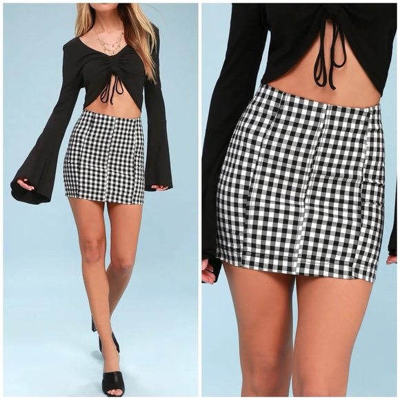Free People Modern Femme Skirt 8 Mini Gingham plaid black white stretch - Picture 10 of 10